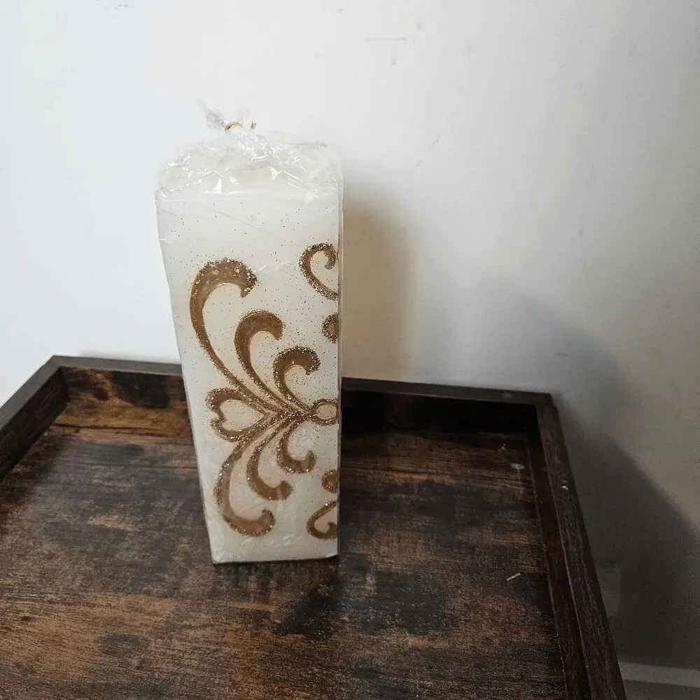 Square Pillar Holiday Candle JCPenny NWT White/Gold 9 in Tall